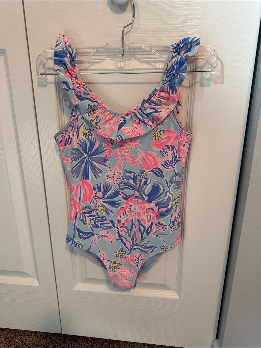 Lilly Pulitzer Girls Floral Ruffle One-Piece — Light Blue, Pink & Navy